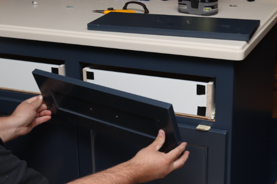 Attaching a new drawer front with mounting tape