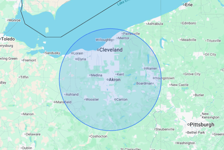 A map of the 50 mile service area around Streetsboro, OH