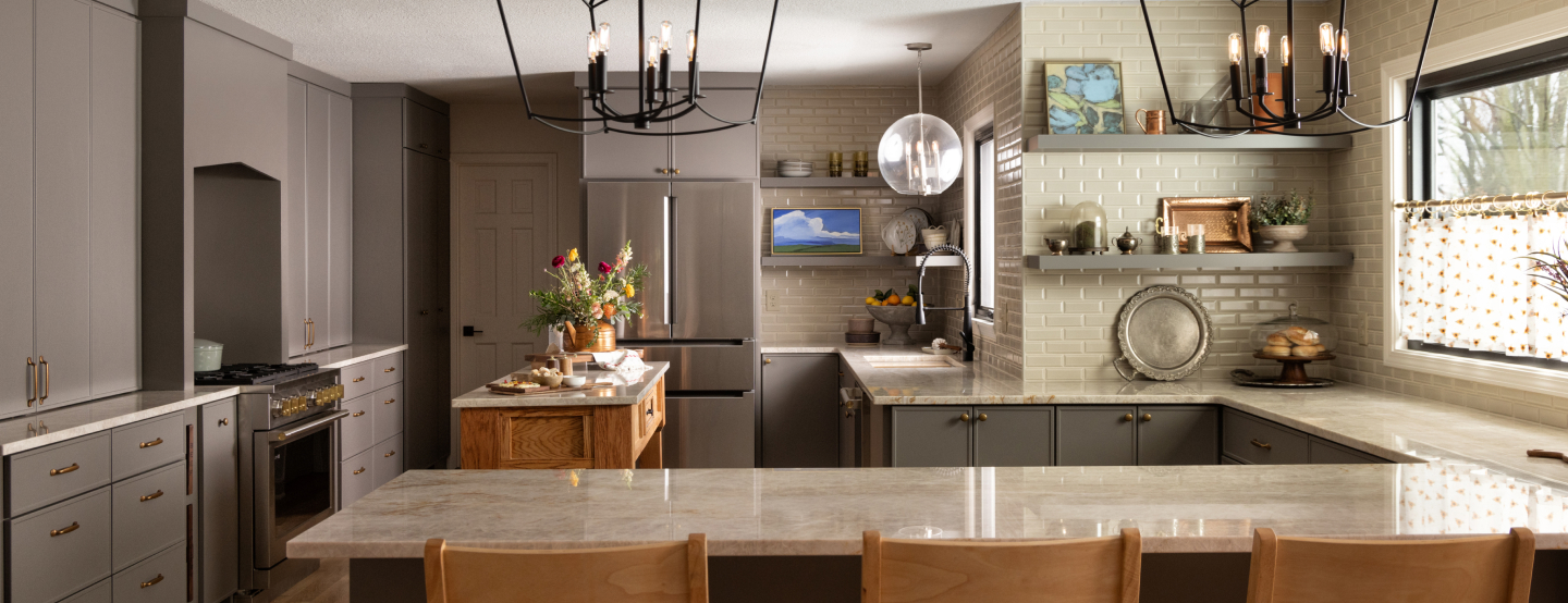 A refaced kitchen with a large center island