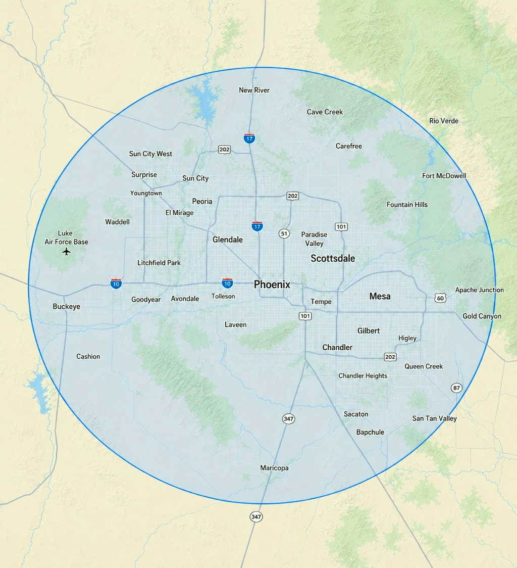 A map of the greater Phoenix, AZ service area